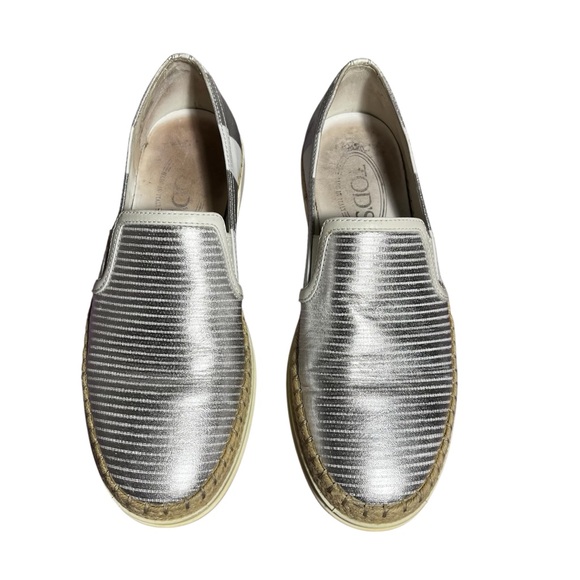 TOD's Women's Shoes Silver & White Leather Espadrille Slip on Size 36.5 - Picture 1 of 12